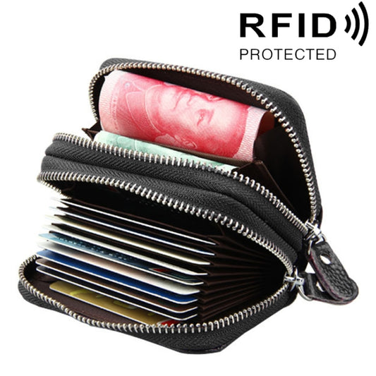 Genuine Leather Dual Layer Zipper Card Holder Wallet RFID Blocking Purse, Size: 10.5x7.0x4.0cm(Black) - Antimagnetic RFID Package by buy2fix | Online Shopping UK | buy2fix