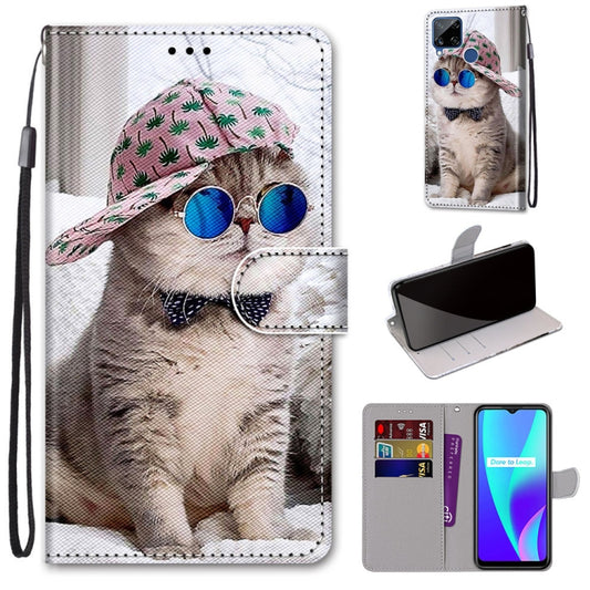 For OPPO Realme C15 / C12 / C25 / 7i (Global) / Narzo 20 / 30A Coloured Drawing Cross Texture Horizontal Flip PU Leather Case with Holder & Card Slots & Wallet & Lanyard(Slant Hat Blue Mirror Cat) - Realme Cases by buy2fix | Online Shopping UK | buy2fix