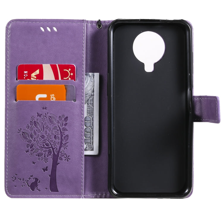 For Nokia G20 Tree & Cat Pattern Pressed Printing Horizontal Flip PU Leather Case with Holder & Card Slots & Wallet & Lanyard(Purple) - Nokia Cases by buy2fix | Online Shopping UK | buy2fix