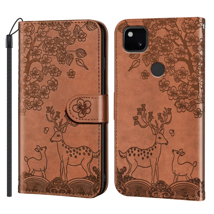 For Google Pixel 4a Sika Deer Embossing Pattern Horizontal Flip PU Leather Case with Holder & Card Slot & Wallet & Photo Frame(Brown) - Google Cases by buy2fix | Online Shopping UK | buy2fix
