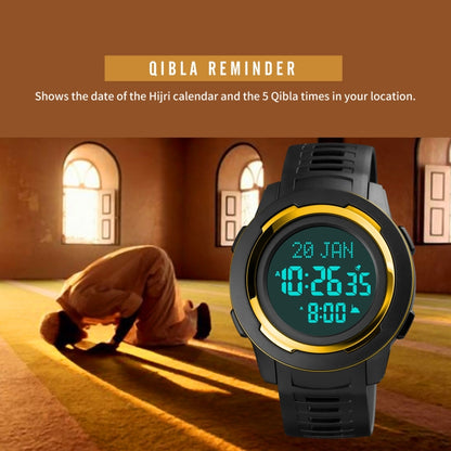 SKMEI 1729 Qibla Calendar Timing Multifunctional LED Digital Display Luminous Electronic Watch(Gold and White) - LED Digital Watches by SKMEI | Online Shopping UK | buy2fix
