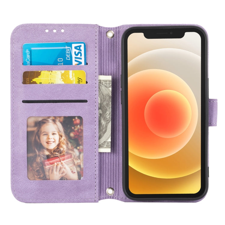 For iPhone 13 Pro Max Embossed Striped Magnetic Buckle PU + TPU Horizontal Flip Leather Case with Holder & Card Slot & Wallet & Photo Frame & Sling (Purple) - iPhone 13 Pro Max Cases by buy2fix | Online Shopping UK | buy2fix