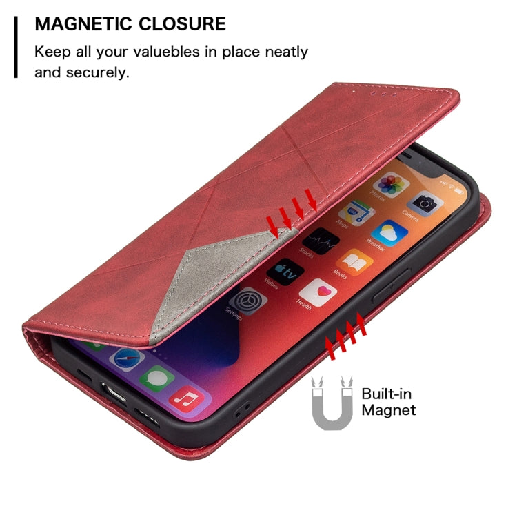 For iPhone 13 Pro Max Rhombus Texture Horizontal Flip Magnetic Leather Case with Holder & Card Slots (Red) - iPhone 13 Pro Max Cases by buy2fix | Online Shopping UK | buy2fix