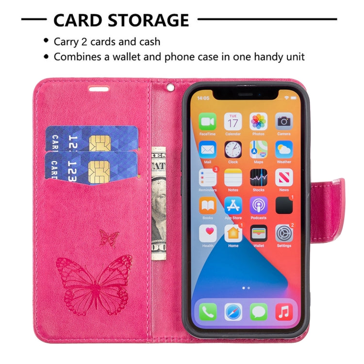 For iPhone 13 Embossing Two Butterflies Pattern Horizontal Flip PU Leather Case with Holder & Card Slot & Wallet & Lanyard(Rose Red) - iPhone 13 Cases by buy2fix | Online Shopping UK | buy2fix