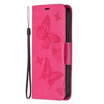 For iPhone 13 Pro Embossing Two Butterflies Pattern Horizontal Flip PU Leather Case with Holder & Card Slot & Wallet & Lanyard (Rose Red) - iPhone 13 Pro Cases by buy2fix | Online Shopping UK | buy2fix