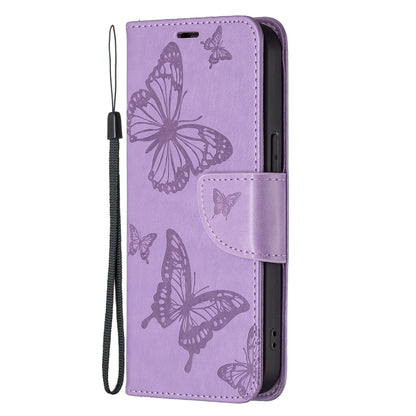 For iPhone 13 Pro Max Embossing Two Butterflies Pattern Horizontal Flip PU Leather Case with Holder & Card Slot & Wallet & Lanyard (Purple) - iPhone 13 Pro Max Cases by buy2fix | Online Shopping UK | buy2fix