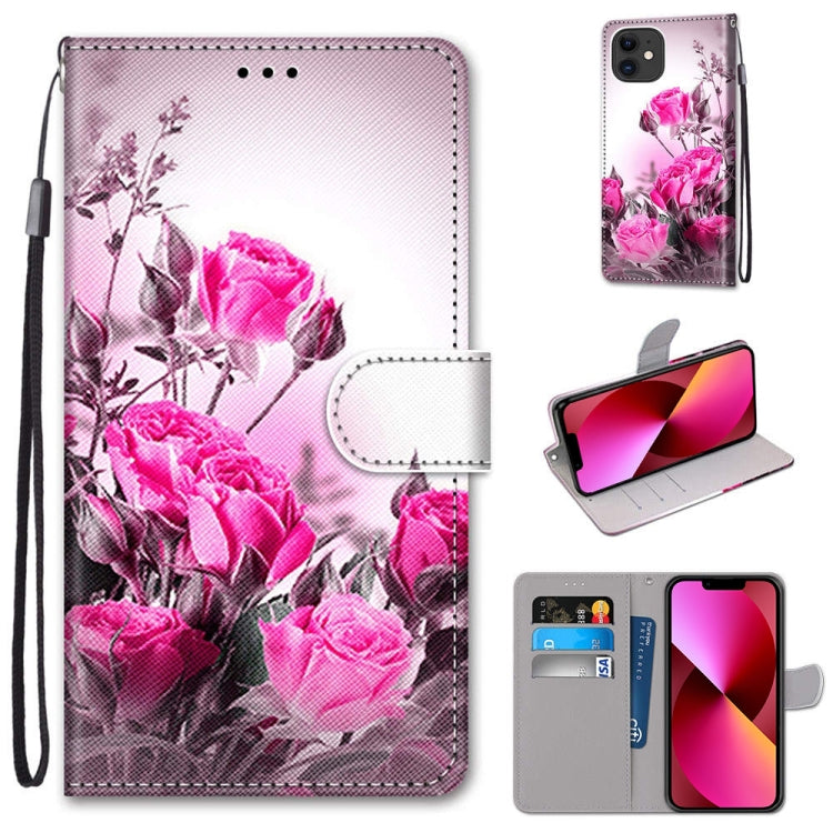 For iPhone 13 Coloured Drawing Cross Texture Horizontal Flip PU Leather Case with Holder & Card Slots & Wallet & Lanyard(Wild Rose) - iPhone 13 Cases by buy2fix | Online Shopping UK | buy2fix