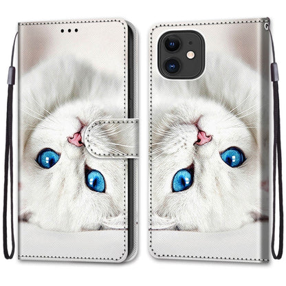 For iPhone 13 Coloured Drawing Cross Texture Horizontal Flip PU Leather Case with Holder & Card Slots & Wallet & Lanyard(White Kitten) - iPhone 13 Cases by buy2fix | Online Shopping UK | buy2fix