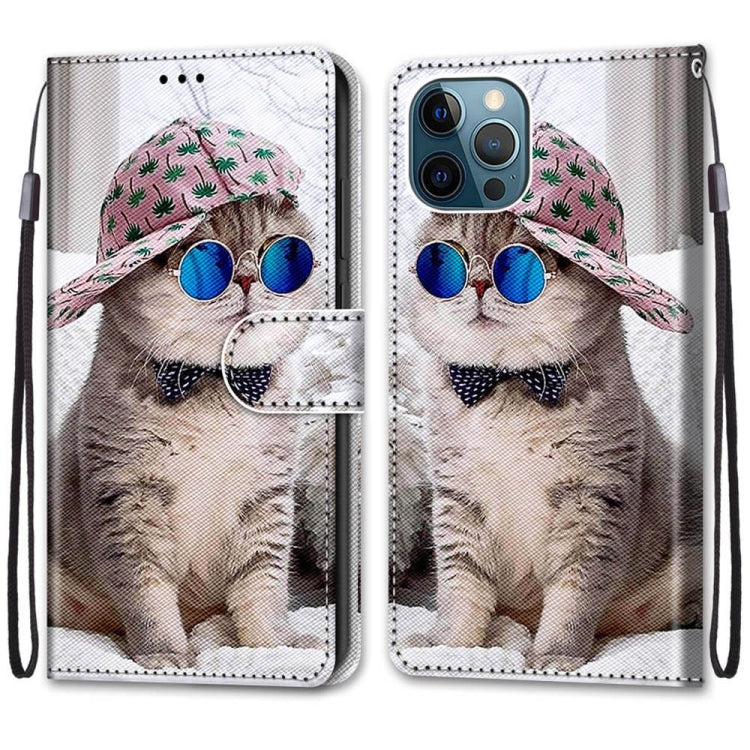 For iPhone 13 Pro Coloured Drawing Cross Texture Horizontal Flip PU Leather Case with Holder & Card Slots & Wallet & Lanyard (Slant Hat Blue Mirror Cat) - iPhone 13 Pro Cases by buy2fix | Online Shopping UK | buy2fix