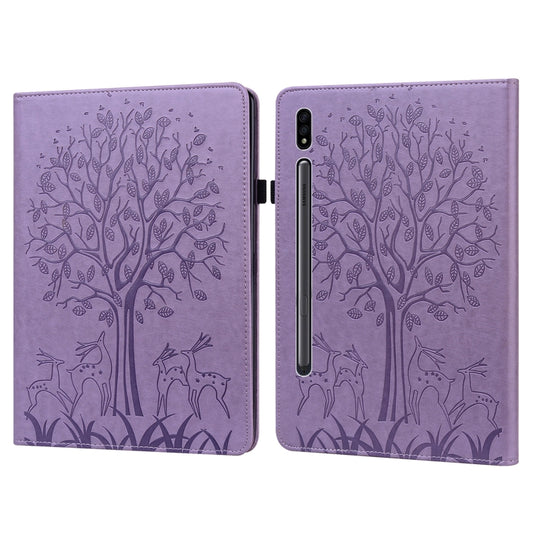 For Samsung Galaxy Tab S8 / Galaxy Tab S7 SM-T870 Tree & Deer Pattern Pressed Printing Horizontal Flip PU Leather Case with Holder & Card Slots(Purple) - Galaxy Tab S8 Cases by buy2fix | Online Shopping UK | buy2fix