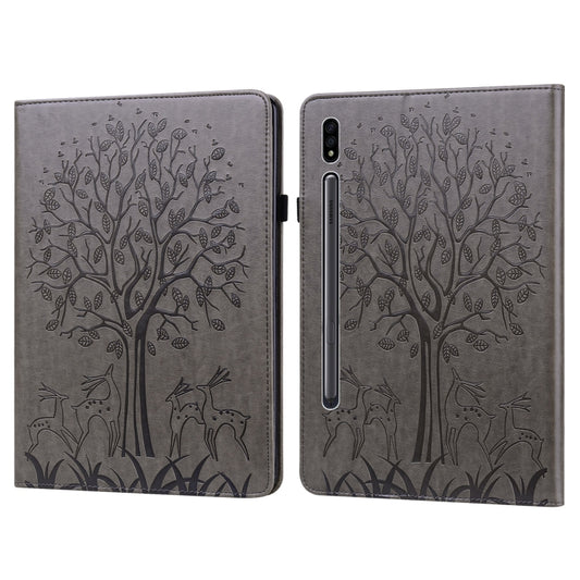 For Samsung Galaxy Tab S8 / Galaxy Tab S7 SM-T870 Tree & Deer Pattern Pressed Printing Horizontal Flip PU Leather Case with Holder & Card Slots(Grey) - Galaxy Tab S8 Cases by buy2fix | Online Shopping UK | buy2fix