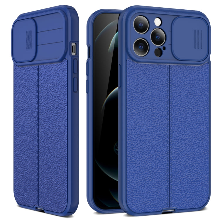 For iPhone 13 Pro Litchi Texture Sliding Camshield TPU Protective Case (Blue) - iPhone 13 Pro Cases by buy2fix | Online Shopping UK | buy2fix