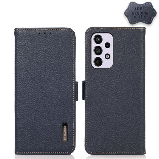 For Samsung Galaxy A53 5G KHAZNEH Side-Magnetic Litchi Genuine Leather RFID Phone Case(Blue) - Galaxy Phone Cases by buy2fix | Online Shopping UK | buy2fix