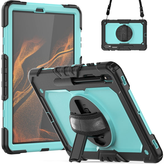 For Samsung Galaxy Tab S8+ 12.4 inch SM-X800 Silicone + PC Tablet Case with Shoulder Strap(Black+Light Blue) - Galaxy Tab S8+ Cases by buy2fix | Online Shopping UK | buy2fix