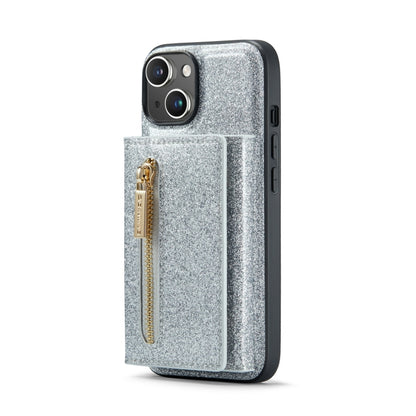 For iPhone 14 DG.MING M3 Series Glitter Powder Card Bag Leather Case(Silver) - iPhone 14 Cases by DG.MING | Online Shopping UK | buy2fix