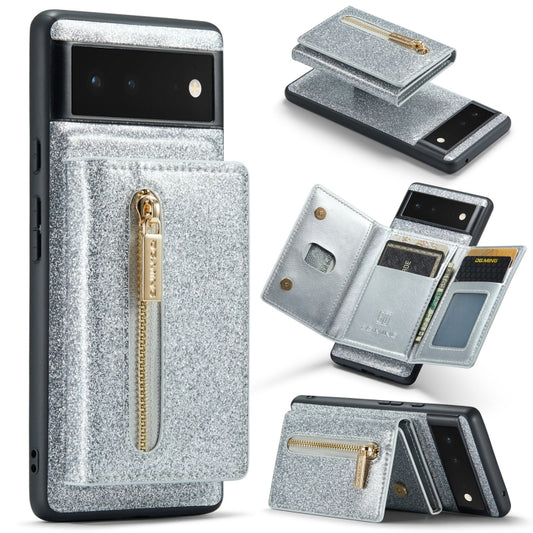 For Google Pixel 6a DG.MING M3 Series Glitter Powder Card Bag Leather Case(Silver) - Google Cases by DG.MING | Online Shopping UK | buy2fix