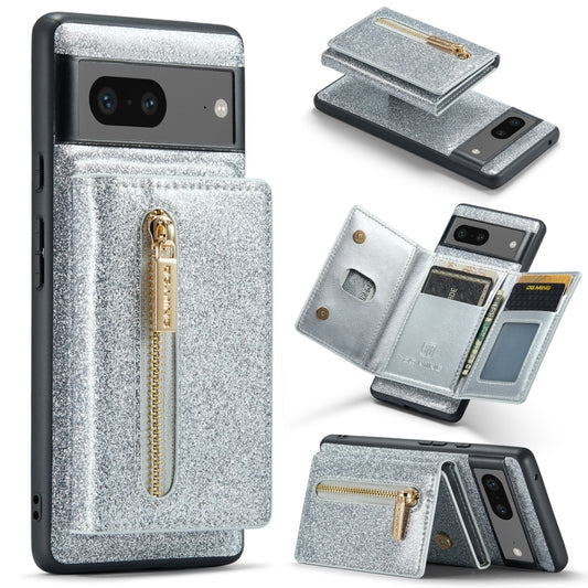 For Google Pixel 7 DG.MING M3 Series Glitter Powder Card Bag Leather Case(Silver) - Google Cases by DG.MING | Online Shopping UK | buy2fix