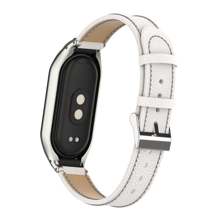 For Xiaomi Mi Band 8 Integrated Metal Case + Litchi Texture Leather Watch Band(White) - Watch Bands by buy2fix | Online Shopping UK | buy2fix