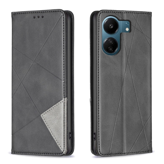 For Xiaomi Redmi 13C Rhombus Texture Magnetic Leather Phone Case(Black) - 13C Cases by buy2fix | Online Shopping UK | buy2fix