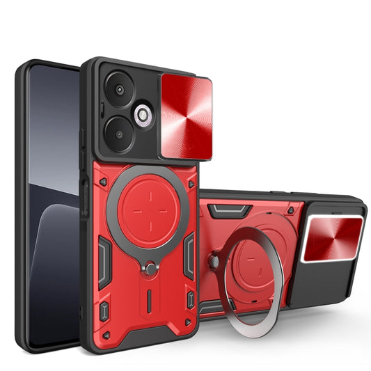 For Xiaomi Redmi 13C 5G Global CD Texture Sliding Camshield Magnetic Holder Phone Case(Red) - 13C Cases by buy2fix | Online Shopping UK | buy2fix