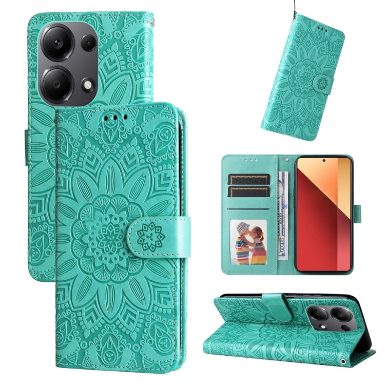 For Xiaomi Redmi Note13 Pro 4G Global/Poco M6 Pro 4G Embossed Sunflower Leather Phone Case(Green) - Note 13 Pro Cases by buy2fix | Online Shopping UK | buy2fix