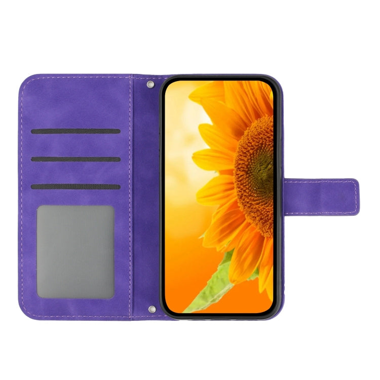 For iPhone 16 Pro Skin Feel Sun Flower Embossed Flip Leather Phone Case with Lanyard(Dark Purple) - iPhone 16 Pro Cases by buy2fix | Online Shopping UK | buy2fix