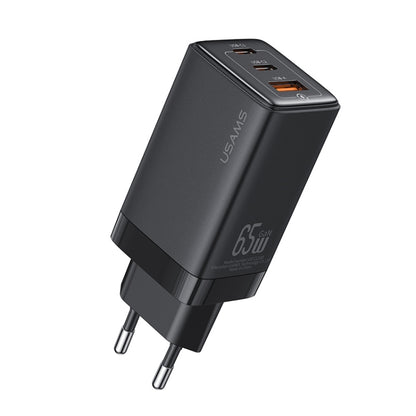 USAMS US-CC180 65W ACC Three Ports GaN Charger, EU Plug(Black) - USB Charger by USAMS | Online Shopping UK | buy2fix