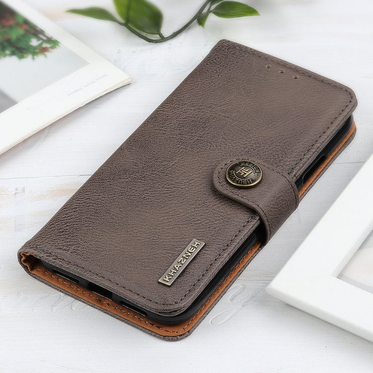 For iPhone 16e KHAZNEH Cowhide Texture Horizontal Flip Leather Phone Case(Khaki) - iPhone 16e Cases by buy2fix | Online Shopping UK | buy2fix