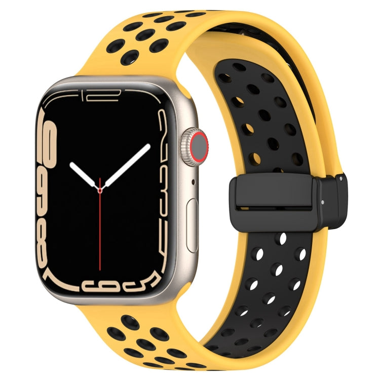 For Apple Watch SE 2022 44mm Magnetic Buckle Silicone Watch Band(Yellow Black) - Watch Bands by buy2fix | Online Shopping UK | buy2fix