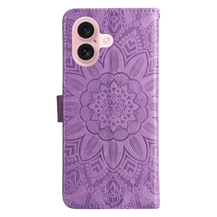 For iPhone 16 Embossed Sunflower Leather Phone Case(Purple) - iPhone 16 Cases by buy2fix | Online Shopping UK | buy2fix