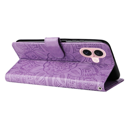 For iPhone 16 Embossed Sunflower Leather Phone Case(Purple) - iPhone 16 Cases by buy2fix | Online Shopping UK | buy2fix