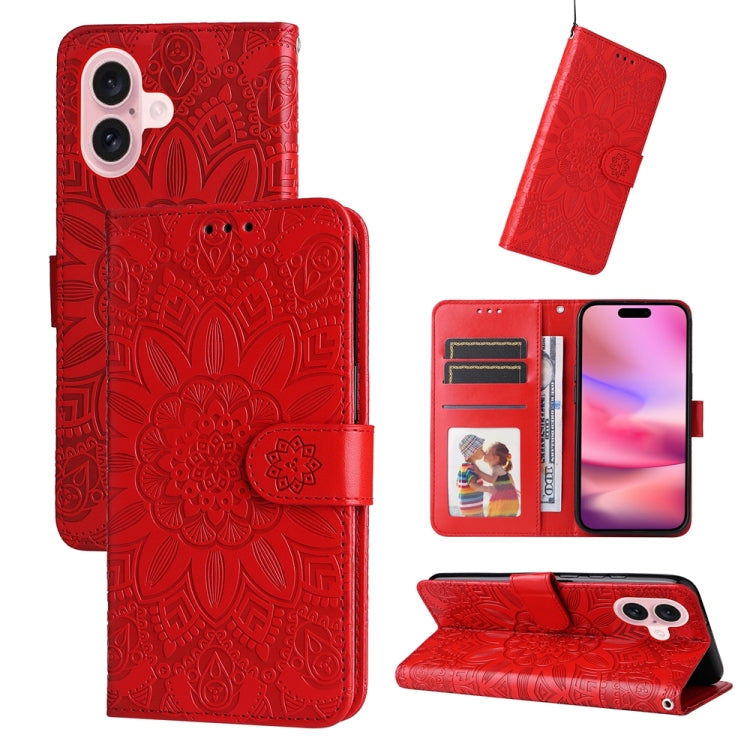 For iPhone 16 Embossed Sunflower Leather Phone Case(Red) - iPhone 16 Cases by buy2fix | Online Shopping UK | buy2fix