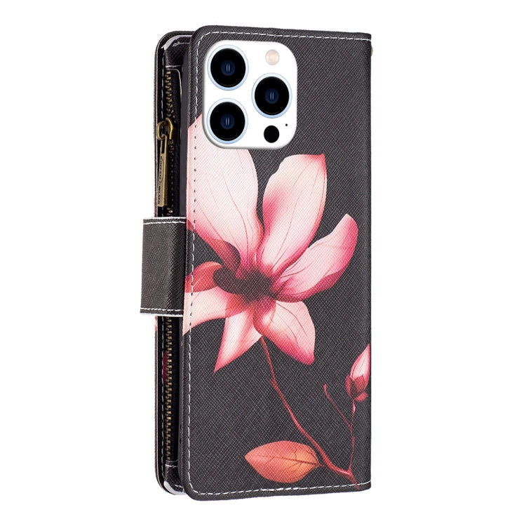 For iPhone 16 Pro Colored Drawing Pattern Zipper Phone Leather Case(Lotus) - iPhone 16 Pro Cases by buy2fix | Online Shopping UK | buy2fix