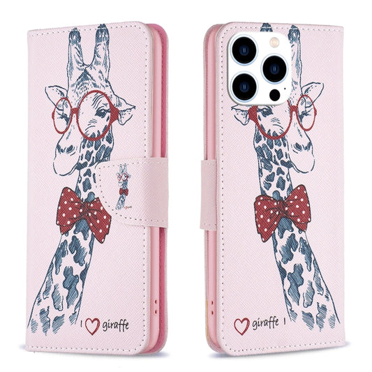 For iPhone 16 Pro Colored Drawing Pattern Leather Phone Case(Giraffe) - iPhone 16 Pro Cases by buy2fix | Online Shopping UK | buy2fix