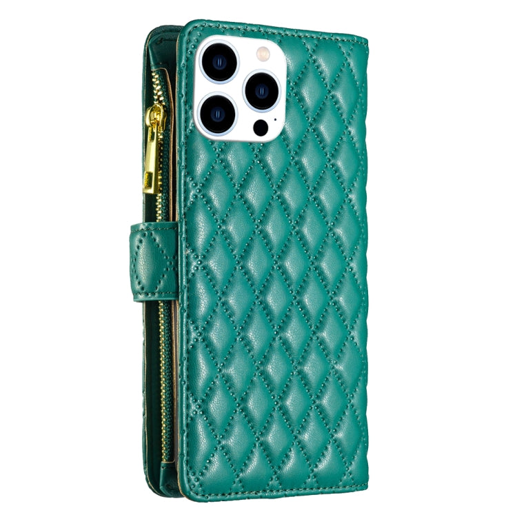 For iPhone 16 Pro Max Diamond Lattice Zipper Wallet Leather Flip Phone Case(Green) - iPhone 16 Pro Max Cases by buy2fix | Online Shopping UK | buy2fix