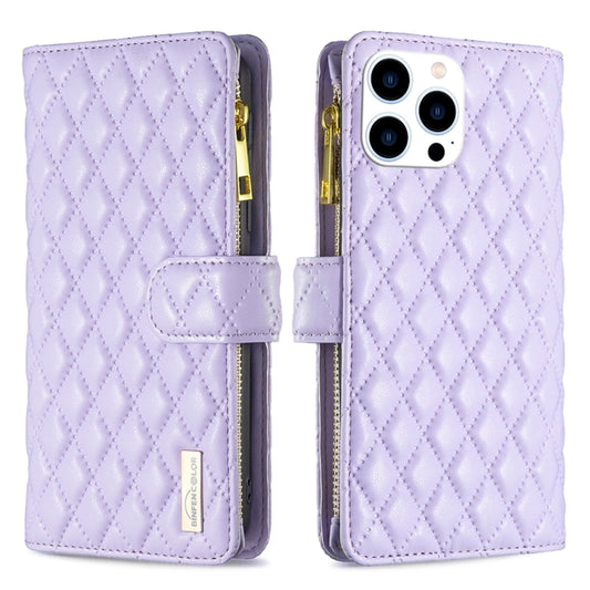 For iPhone 16 Pro Diamond Lattice Zipper Wallet Leather Flip Phone Case(Purple) - iPhone 16 Pro Cases by buy2fix | Online Shopping UK | buy2fix