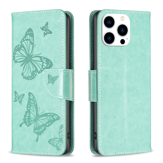 For iPhone 16 Pro Max Embossing Two Butterflies Pattern Leather Phone Case(Green) - iPhone 16 Pro Max Cases by buy2fix | Online Shopping UK | buy2fix