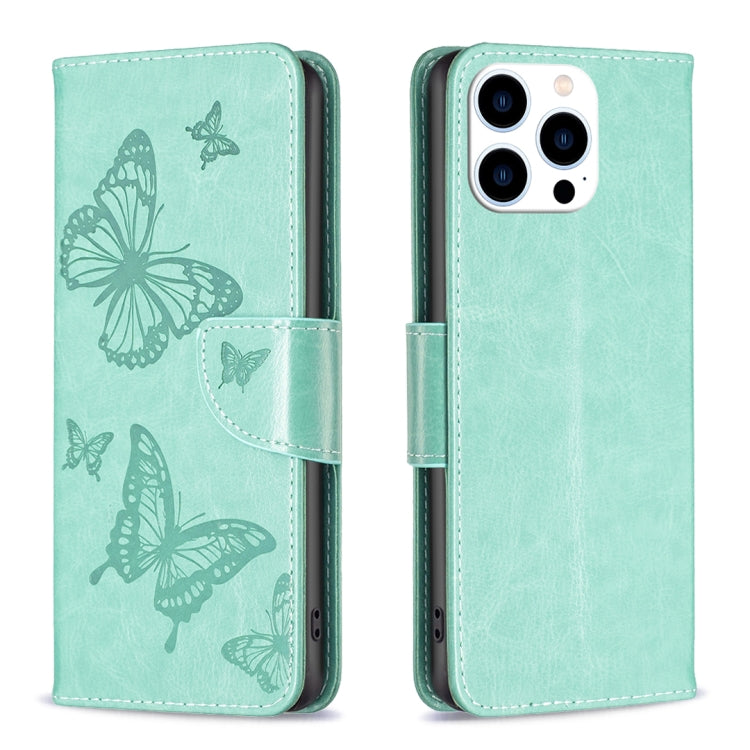 For iPhone 16 Pro Embossing Two Butterflies Pattern Leather Phone Case(Green) - iPhone 16 Pro Cases by buy2fix | Online Shopping UK | buy2fix