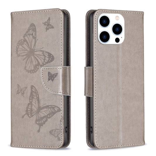 For iPhone 16 Pro Embossing Two Butterflies Pattern Leather Phone Case(Grey) - iPhone 16 Pro Cases by buy2fix | Online Shopping UK | buy2fix