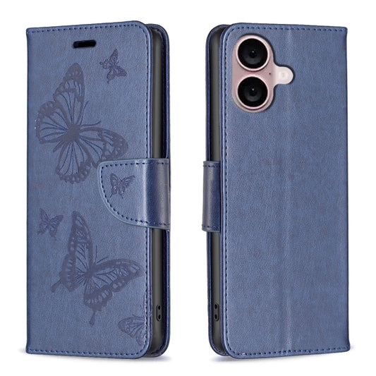 For iPhone 16 Plus Embossing Two Butterflies Pattern Leather Phone Case(Blue) - iPhone 16 Plus Cases by buy2fix | Online Shopping UK | buy2fix