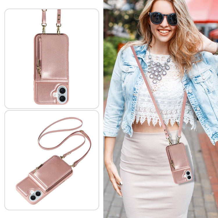 For iPhone 16 Plus Crossbody Lanyard Zipper Wallet Leather Phone Case(Rose Gold) - iPhone 16 Plus Cases by buy2fix | Online Shopping UK | buy2fix