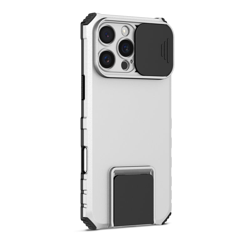 For iPhone 16 Pro Max Stereoscopic Holder Sliding Camshield Phone Case(White) - iPhone 16 Pro Max Cases by buy2fix | Online Shopping UK | buy2fix