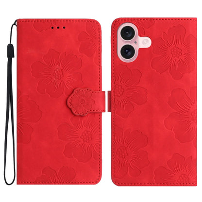 For iPhone 16 Flower Embossing Pattern Leather Phone Case(Red) - iPhone 16 Cases by buy2fix | Online Shopping UK | buy2fix