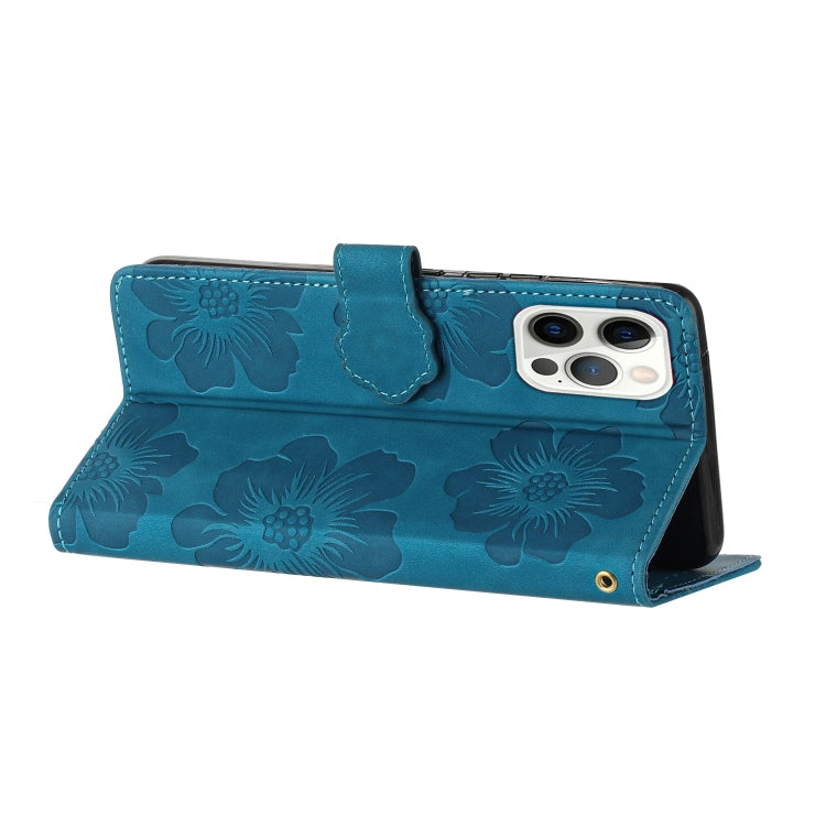 For iPhone 16 Pro Flower Embossing Pattern Leather Phone Case(Blue) - iPhone 16 Pro Cases by buy2fix | Online Shopping UK | buy2fix