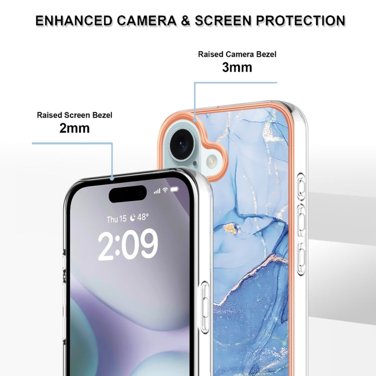 For iPhone 16 Plus Electroplating Marble Dual-side IMD Phone Case(Blue 018) - iPhone 16 Plus Cases by buy2fix | Online Shopping UK | buy2fix