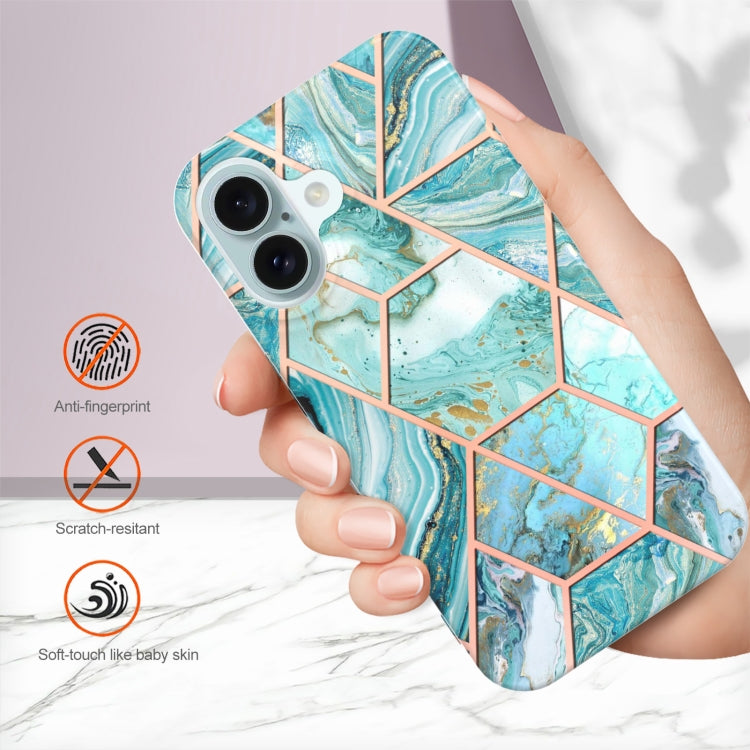 For iPhone 16 Electroplating Splicing Marble Flower Pattern Dual-side IMD TPU Shockproof Phone Case(Green) - iPhone 16 Cases by buy2fix | Online Shopping UK | buy2fix