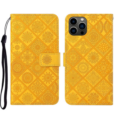 For iPhone 16 Pro Ethnic Style Embossed Pattern Leather Phone Case(Yellow) - iPhone 16 Pro Cases by buy2fix | Online Shopping UK | buy2fix