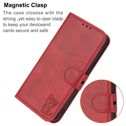 For iPhone 16 Embossed Happy Cat Pattern Flip Leather Phone Case(Red) - iPhone 16 Cases by buy2fix | Online Shopping UK | buy2fix