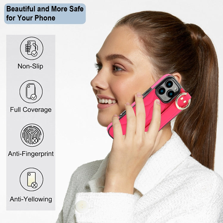 For iPhone 16 Pro Non-slip Full Coverage Ring PU Phone Case with Wristband(Rose Red) - iPhone 16 Pro Cases by buy2fix | Online Shopping UK | buy2fix