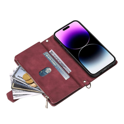 For iPhone 16 Grid Texture Zipper Leather Phone Case with Lanyard(Wine Red) - iPhone 16 Cases by buy2fix | Online Shopping UK | buy2fix